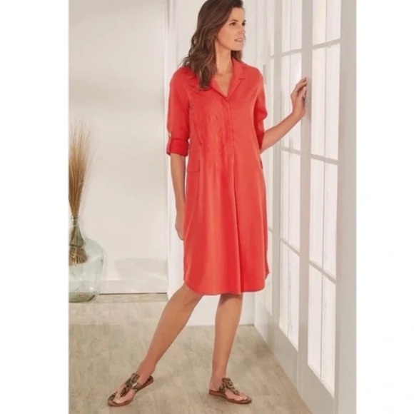 Soft Surroundings Weekender Embroidered Button-Up Long Sleeve Dress Red / Coral - Picture 1 of 6